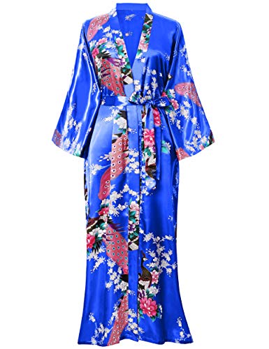 Image of BABEYOND Women's Kimono Robe Long Satin Robes with Peacock and Blossoms Printed Kimono Nightgown