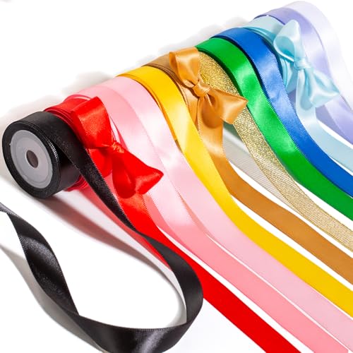 5/8 Satin Rainbow Ribbons for Crafts and Flower Bouquet Double Face Silk Hair Ribbon for Girls 12x5 Yads Colorful Red Pink Blue Gold White Black Green Purple Yellow Ribbon Pack for Gift Wrap Bows