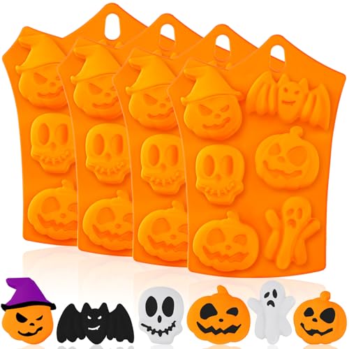 4 Pack Halloween Silicone Molds for Chocolate Cake 3D Halloween Cake Molds Pumpkin Bat Skull Ghost Silicone Mold for Kitchen DIY Baking Tools Supplies