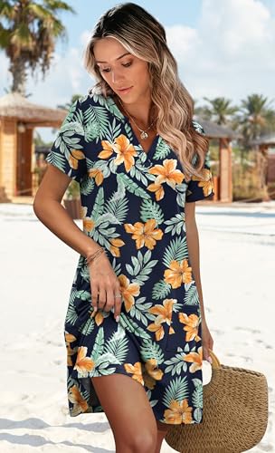Image of WIHOLL Summer Dresses for Women Casual V Neck Wedding Guest Dress Hawaiian Midi Dress Fashion Beach Vacation Clothes