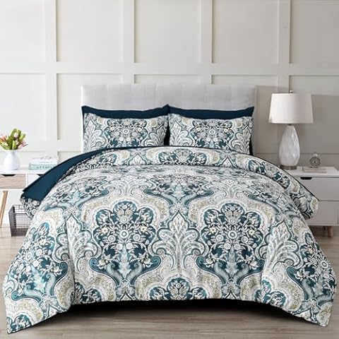 Drucon Paisley Comforter Set King Size, 7 Pieces Bed in a Bag Boho Comforter, Soft Lightweight Microfiber Bedding Set (1 Comforter, 1 Flat Sheet, 1 Fitted Sheet, 2 Pillow Shams, 2 Pillowcases) Cover