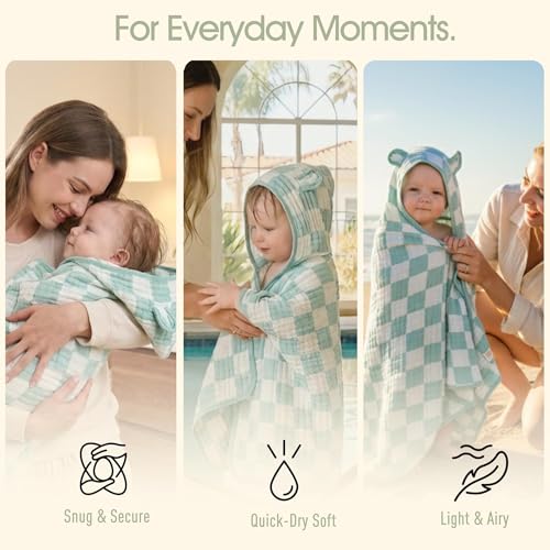 Image of Ultra-Soft Muslin Toddler Hooded Towel - 55 x 28 Inches, Ideal for Bath & Beach, Suitable for Both Boys & Girls from Newborns to Toddlers Green Check