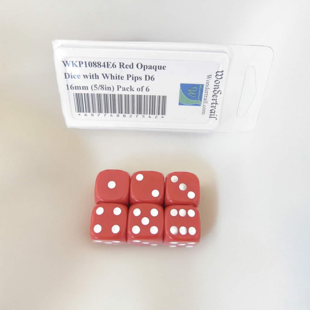 Red Opaque Dice with White Pips D6 16mm (5/8in) Pack of 6 Wondertrail