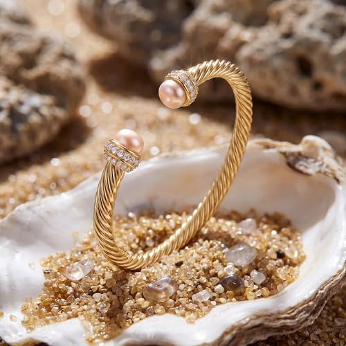 Image of Fettero Gold Cuff Bangle Bracelets for Women - 14K Plated Adjustable Open Cuff Gold Bangles Charm Elegant Twisted Cable Bangle Friendship Bracelets Lightweight Bracelet for Dainty Jewelry