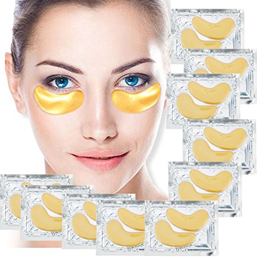 Anti Aging Treatments Set/Kit of 10 Pairs Eyes 24K Gold/Golden Collagen Gel Crystal Masks/Patches for Wrinkles/Crows Feet, Dark Circles and Puffiness/Puffy Eye Bags Removal and Moisturizing