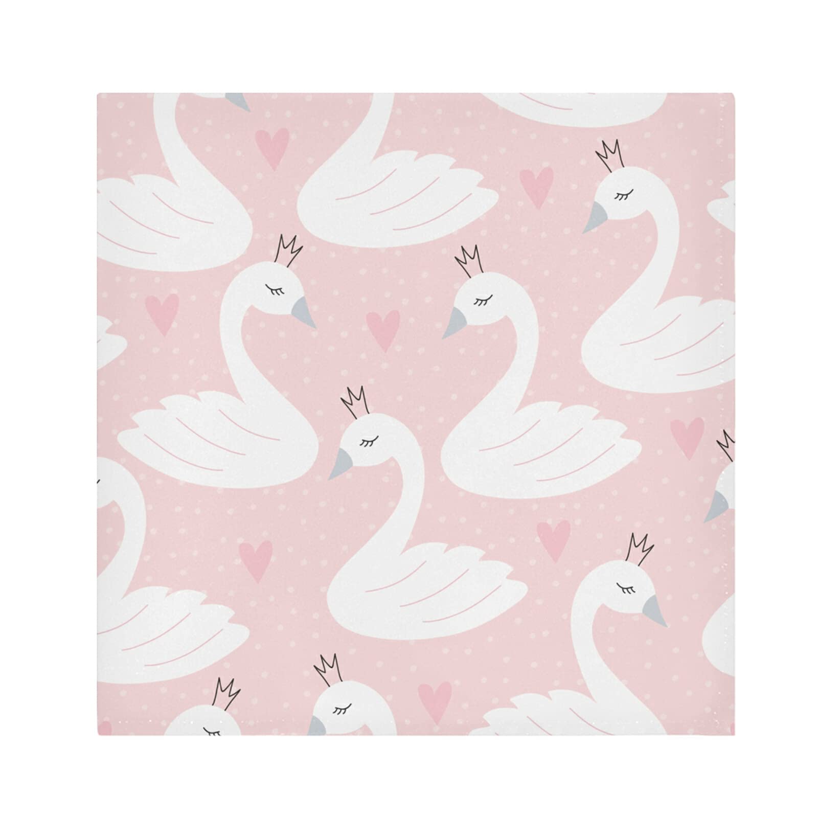 Poeticcity Multi 4 Seamless White Swan Princess With Crowns On Pink Pattern Dinner Cloth Napkin, Set Of 1 Oversized Reusable Table Napkins, Washable Premium Fabric With Hemmed Edges For Wedding Parties