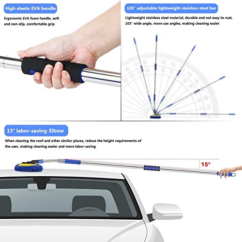 66'' Car Wash Brush With Long Handle, Chenille Microfiber Soft Car Wash Mop Cleaning Tool Kit With 15° Labor-Saving Elbow Extension Stainless Steel Pole & Replacement Head For Clean Rv Suv Truck House #TOP2