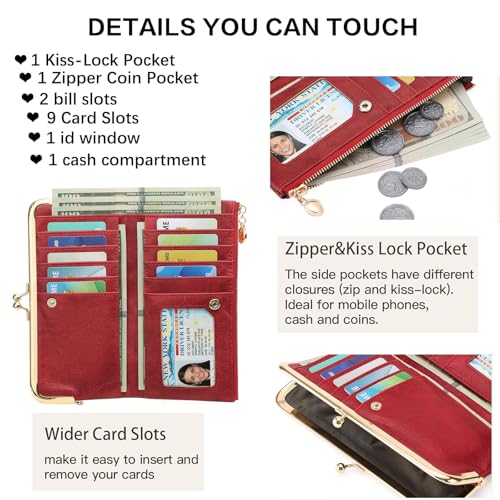 Image of Vintage Wallets for Women Large Bifold Kiss Lock Wallet for Women Leather Zip Clutch Coin Purse