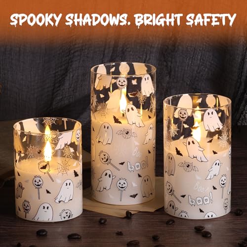 Image of White Ghost Halloween Flameless Pillar Candles with Remote Set of 3 | Flickering LED Candles in Glass Jars, 2 AA Battery Power, Holiday Home Table Shelf Decor & Gift