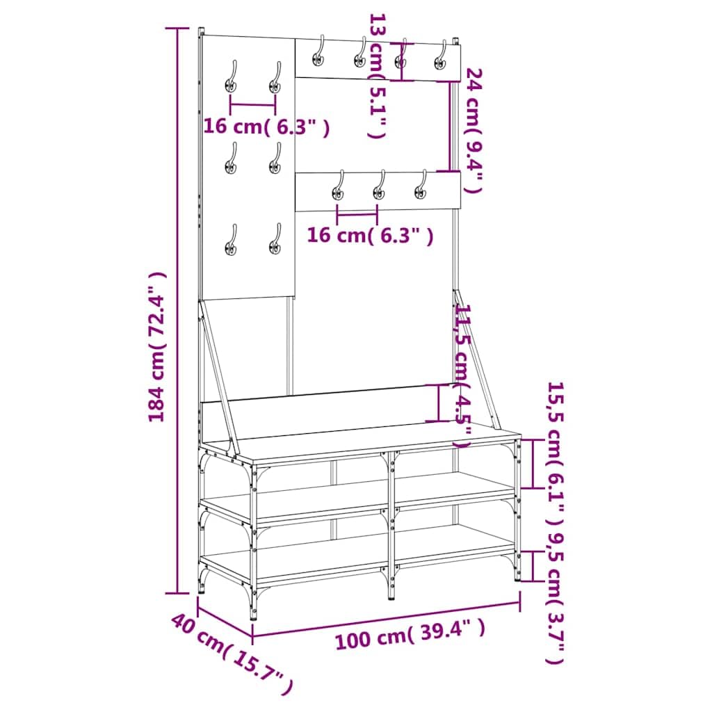 Kleiderständer mit Schuhablage Schwarz Holzwerkstoff und Metall 100x40x184 cm freistehend höhenverstellbar mit Rollen platzsparend für Schlafzimmer Flur und Wohnzimmer