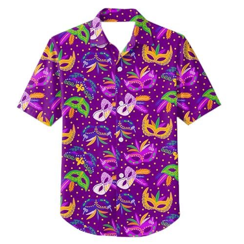 PICKID Mardi Gras Shirts for Kids Boys Girls Mardi Gras Graphic Shirt Carnival Hawaiian Button Down Blouse 5-14 Years
