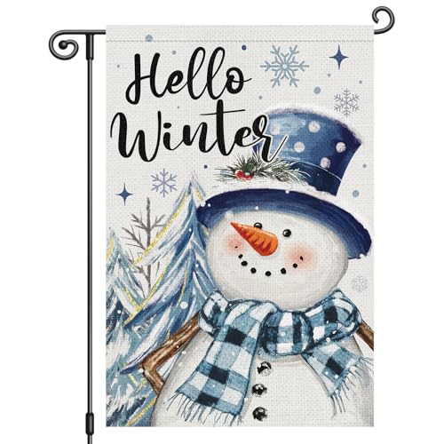 Heyfibro Hello Winter Garden Flag 12x18 Inch Double Sided Winter Snowman Garden Flag Seasonal Small Yard Flags for Outside House Farmhouse Holiday Outdoor Decoration