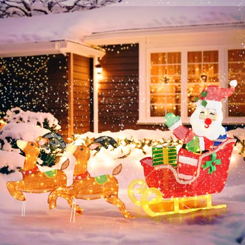 Tangkula 5 FT Christmas Lighted Reindeers with Santa Claus Sleigh, Outdoor Light-up Xmas Decoration Set with 239 LED Lights, 12 Ground Stakes, Pre-lit Glittered Holiday Ornaments for Yard, Lawn, Party