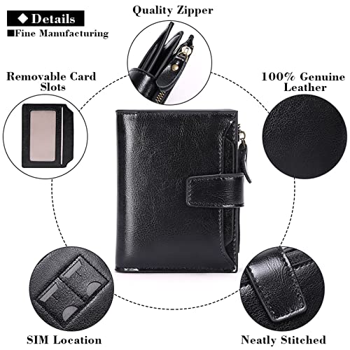 Image of GOIACII Leather Women's Wallet RFID Blocking Credit Card Holder Black | Compact, Small, Trifold Billfold with Zipper Coin Pocket, 4 ID Windows