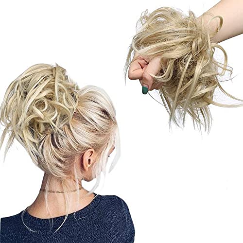 BaFaHo Tousled Updo Messy Hair Bun Extensions, Synthetic Fluffy Hair Scrunchies Curly Donut Ponytail Hair Scrunchies with Elastic Rubber Band For Women Girls.(Blonde Mix Bleach Blonde)