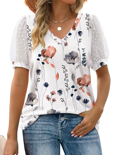 Image of Aokosor Womens Summer Tops V Neck T Shirts Swiss Dot Puff Sleeve Tops Loose Casual Tshirts