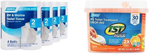 Camco Papel higiénico para baño RV (16 rollos) + tratamiento de inodoro Camco TST MAX para cámper o caravana (paquete de 30)