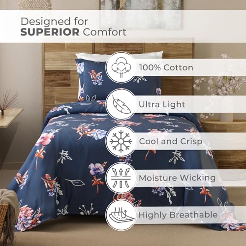 Image of Layers Emaline 100% Cotton Single Bedsheet Set (Oeko Tex Certified) | 1 Single Cotton Bedsheet & 1 Pillow Cover | Breathable & Anti-Wrinkle | 144 TC | (Floral Print, Blue)