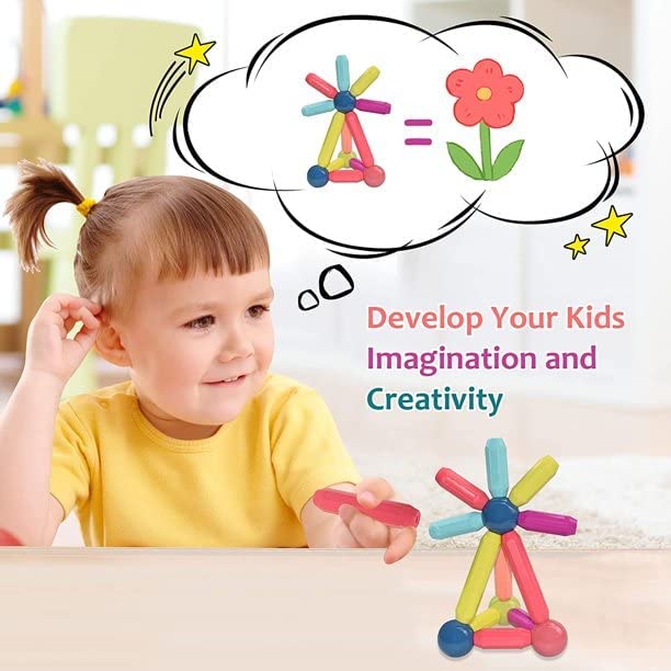 Image of HAPPY HUES Magnetic Building Block STEM Toy for Kids 5+ Years Magnetic Sticks and Balls Set- Different Sizes & Curve Shaped - for Boys and Girls 64 PCS