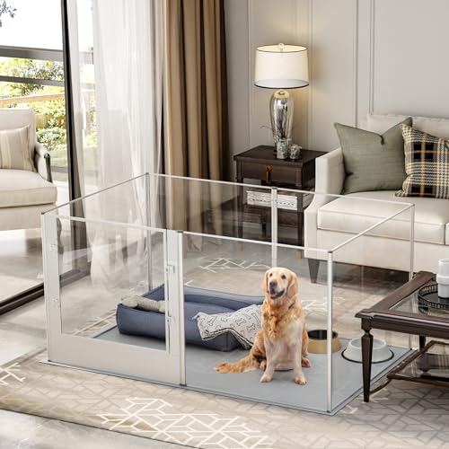 BingoPaw Acryl Wurfkiste Hunde Laufstall: Transparent Hundezaun Wohnung Welpenzaun 80cm hoch, XXL Welpenauslauf mit wasserdichter Bodenmatte und Tür, 163x102x80 cm