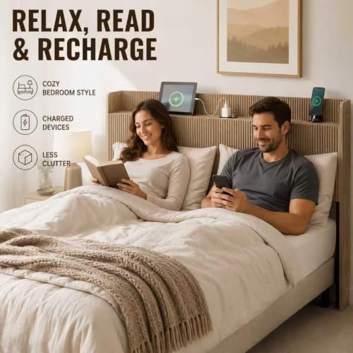 Image of Queen Size Headboard with Storage Shelf, Charging Station