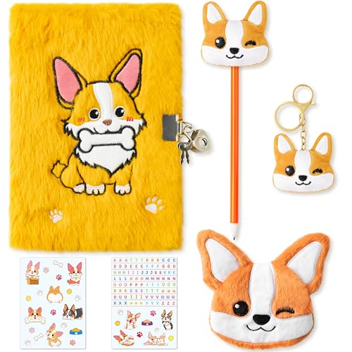 CY2SIDE Corgi Hondendagboekset - 6 stuks Corgi dagboek met slot en sleutels voor meisjes, Corgi pluche geheime dagboek dagboek dagboek set om te schrijven, maak je eigen plakboek met knutselen, idee
