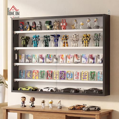 Image of HOMCOM 5-Tier Display Cabinet, Glass Door Cabinet with Adjustable Shelves, Wall-Mounted Display Case for Playroom, Bedroom, Black and White