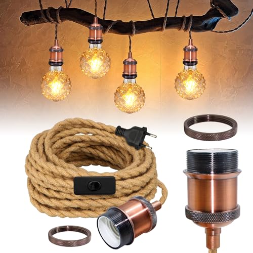 Antik Messing Hängelampe mit Stecker, 5.1M Red Copper Pendelleuchte Kit mit Schalter, Vintage Rustikal Hanfseil Hängeleuchte, Retro E27 Lampefassung mit Kabel, für Flur, Max.60W, Ohne GlüHbirne