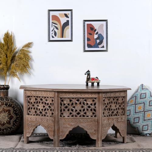 Image of Wooden Coffee Table for Living Room | Solid Wood Handcrafted Center Table for Living Room with Carved Jaali Design | Tea Table for Living Room Wooden Furniture for Home (Brown Antique)