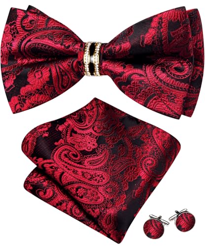 Image of YOHOWA Mens Bow Tie Set Paisley Pre-tied Bowties Adjustable with Handkerchief Cufflinks Gold Ring Set Wedding Prom Party