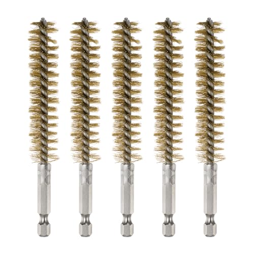 HARFINGTON 5Pcs Bore Brush Brass 16mm Dia Cleaning Twisted Bronze Wire Brush Tube Pipe Cleaner with Handle 1/4 Inch Hex Shank for Tubes, Ports, Bearings