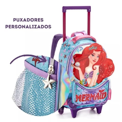Kit Escolar Mochila Rodinhas Lancheira Estojo Sereia Ruiva cor:Verde