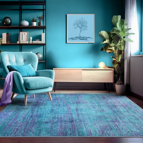 FLYRUGGO Abstract 4x6 Area Rug, Modern Indoor Entryway Rugs, Washable Soft Non-Slip Accent Carpet Door Mat for Dining Room Kitchen Bedroom - Teal+Purple