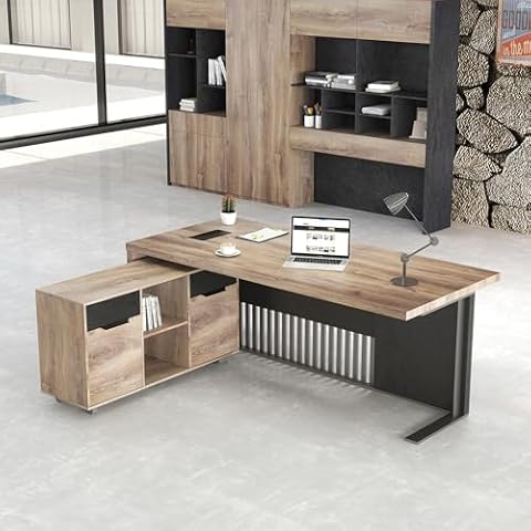 WESOME 63 Inch L Shaped Executive Office Desk with 2 Drawers, Modern Home Office Desk with File Cabinet, Business Furniture Desk w/Stand Under Desk Storage Organizer with 4 Wheels Cover
