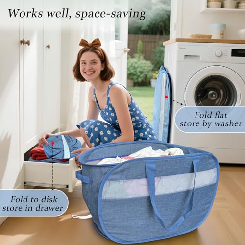 Image of 100L Mesh Pop Up Laundry Hampers with Handles, Extra Large Collapsible Laundry Baskets 2 Pack, Portable Travel Laundry Basket, Dirty Clothes Hamper Light Breathable, Bule. 2H