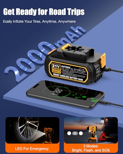 AUTDER Luchtcompressor, draagbare elektrische luchtpomp, 180 psi Max, 21 V, 2000 mAh accu, 12 V auto-voeding, compressor met autostop voor auto en motorfiets - Afbeelding 6