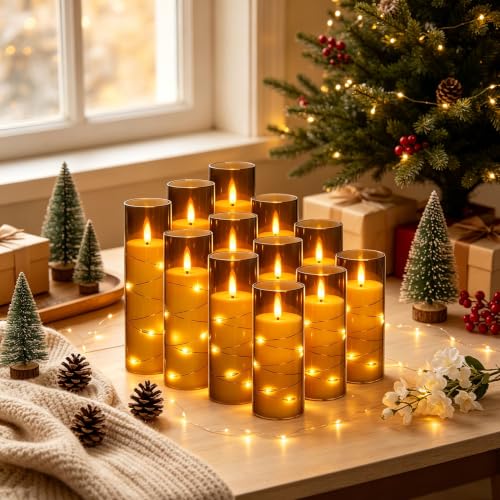 Image of 12 Pack Gray Acrylic Flameless Taper Candles, Flickering Black Wick LED Candles with Surrounding Fairy String Lights, Heat Resistant ABS Candles, 2 Remotes, Assorted 5-8 Inch for Indoor Outdoor Decor