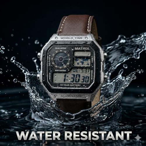 Image of Matrix Illuminator Leather Strap Digital Watch with Alarm, Stopwatch, World Time | for Men & Women