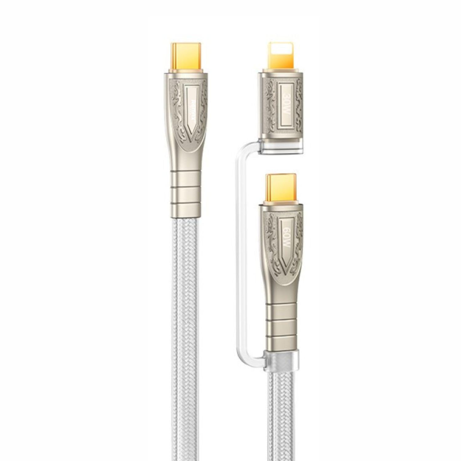 Remax Mena 60W Data Cable 2-in-1 Prime Series, Multi Charging Cable (60W C-C & 30W C-L) for Android and iPh, Zinc Alloy Dual Color Braided Fast Charging & Fast Data Transmission, 1.2m (Silver)