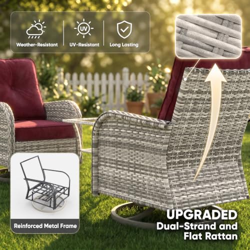 Image of 5-Piece Small Patio Furniture Set, Outdoor Swivel Rocking Chairs Set with Ottomans, Patio Bistro Set for Balcony, Deck, Porch, Red