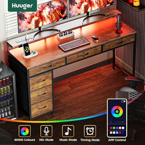 Huuger Gaming Desk with 6 Drawers, Computer Desk with LED Lights Power Outlets and Type-C, 55 Inch Office Desk with Storage, Monitor Stand, Writing Desk Work Desk for Home Office, Study, Rustic Brown