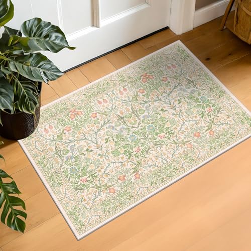 Image of Washable Entry Rug - Front Door Rugs Indoor, Non-Slip Bathroom Small Rugs, Vintage Floral Style Rug for Kitchen, Perfect for Entryway Decor (2x3 Beige Green)