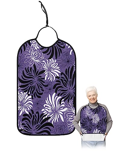 Purple Black White Spring Floral Adult Bibs for Eating, Waterproof Bibs with Food Catcher & Adjustable Snap Closure, Modern Abstract Aesthetics Clothing Protectors Adult Bibs for Elderly Women/Men