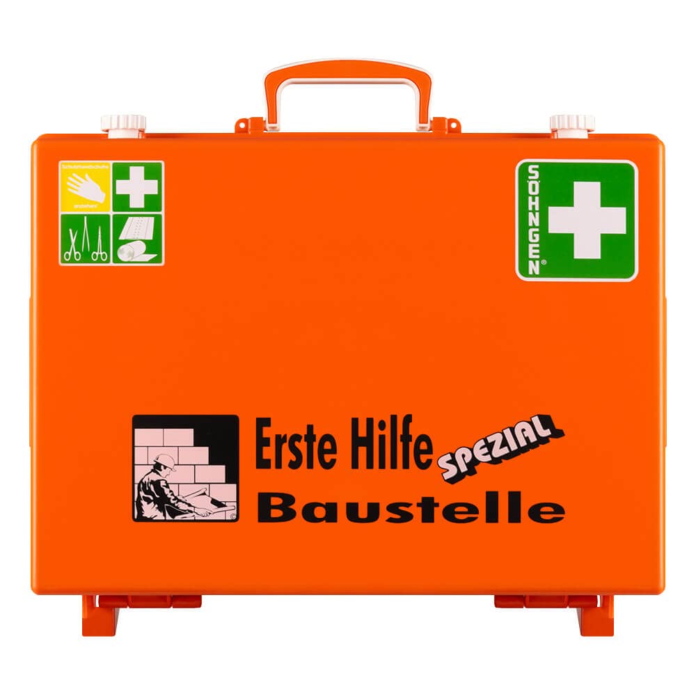 Erste-Hilfe-Koffer Baustelle Söhngen, Wandhalterung, orange, ASR A4.3/DIN 13157, Art.-Nr. 110035 | Verbandskasten | Notfallkoffer | Erste Hilfe Kasten
