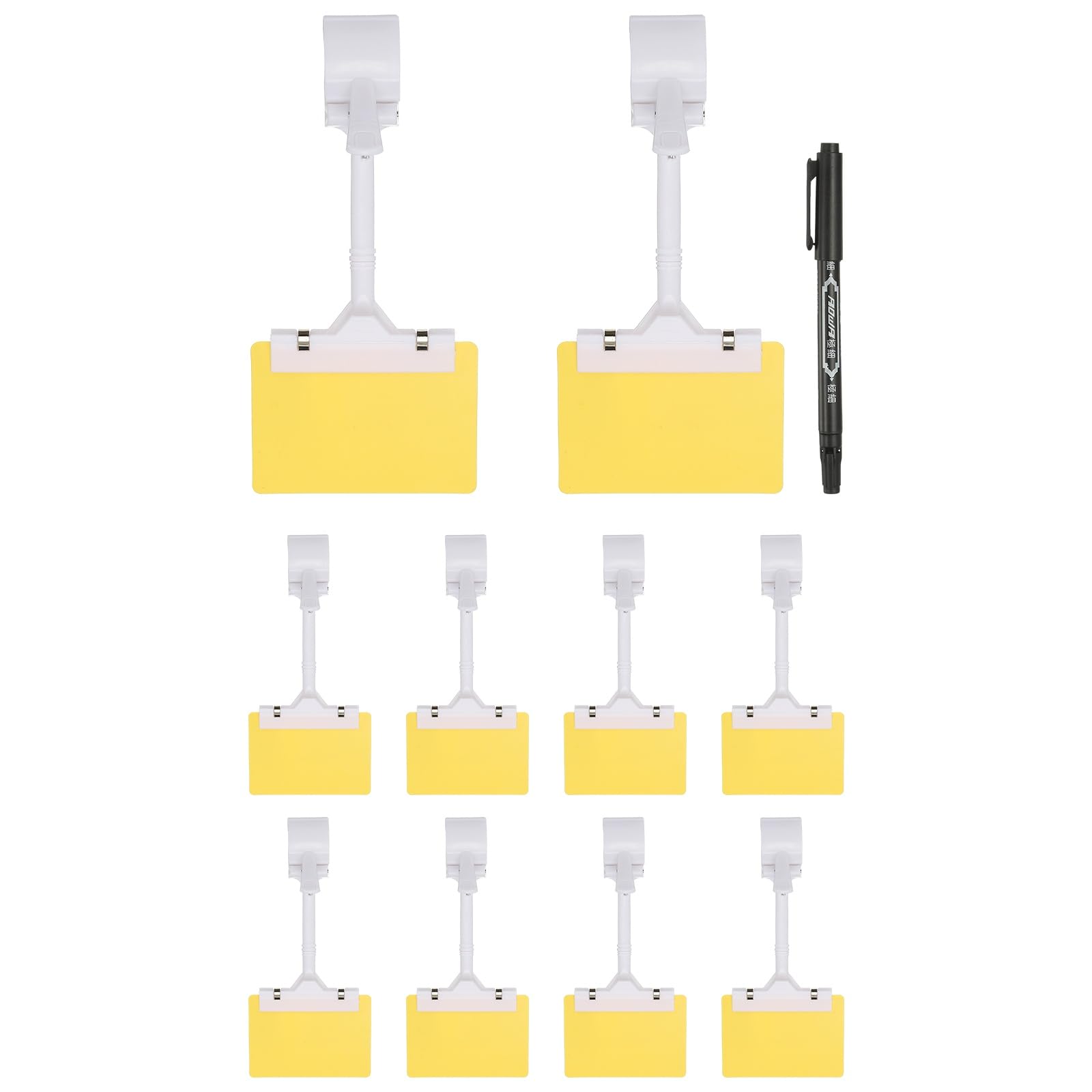 PATIKIL Sign Holder Clips, 10 Pcs Sign Holder Double Clip Adjustable Price Tag with Yellow A7 Plastic Cards & Erasable Marker for Supermarket Office Exhibition, White