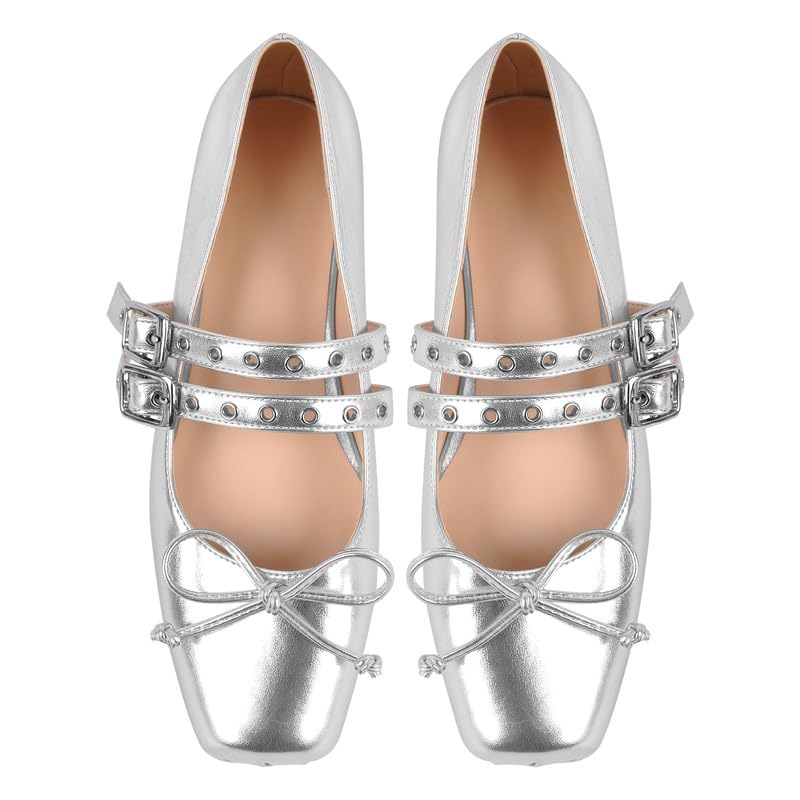 Women’s Mary Jane Flats Double Strap Buckle Ballet Shoes with Bow, Square Toe Slip On Dress Flats for Work, School, Daily Wear2