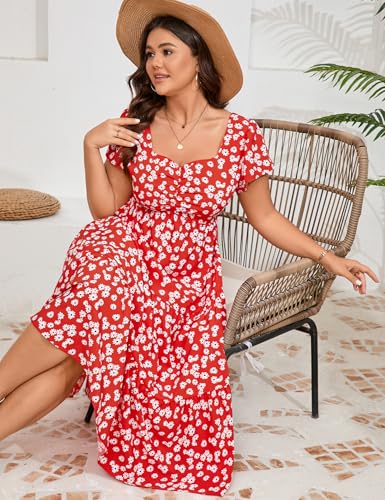 Image of KOJOOIN Women Plus Size Summer Dress Short Sleeve Casual Dress Floral Midi Dress Sweetheart Neck Ruffle Dress