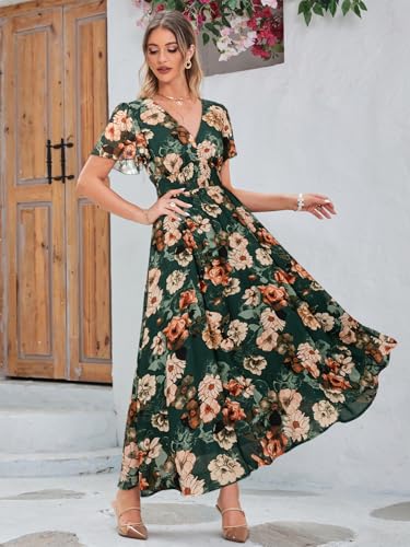 Image of Simplee Women's Boho Floral Maxi Dress Flowy Casual V Neck Short Sleeve Wedding Guest Holiday Beach Long Dress