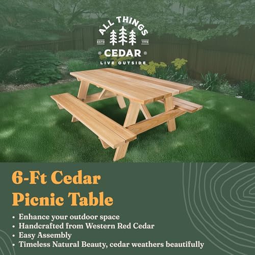 Image of All Things Cedar 6-Ft Outdoor Picnic Table, Handcrafted Wooden Patio Bench Set, Rustic Cedar