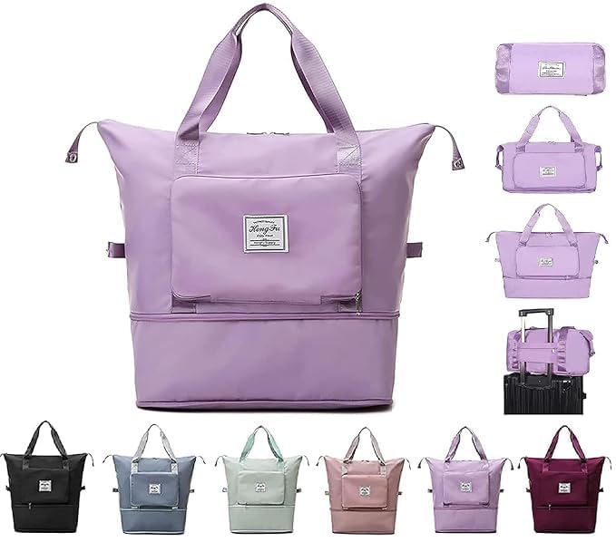 Expandable Travel Duffle Bag for Women, Foldable Waterproof Weekender Bag with Bottom Shoe Compartment, Lightweight Carry-On Luggage Tote, Large Capacity Overnight Gym Bag, Purple-picture-37
